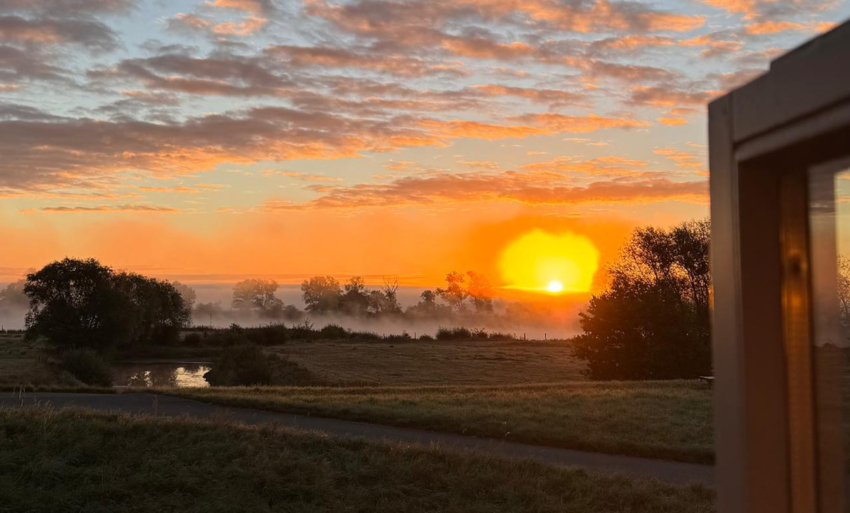 KI generiert: Sonnenuntergang über einem See mit Bäumen.