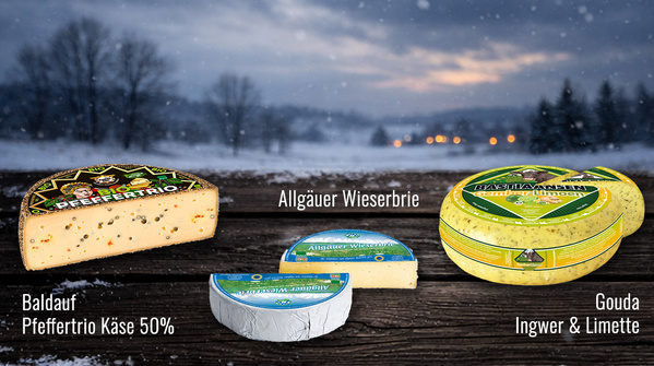 KI generiert: Käseauswahl: Baldauf Pfeffertrio, Allgäuer Wiesenbrie, Gouda Ingwer & Limette vor winterlichem Hintergrund.