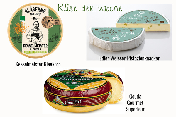 Drei Käsesorten in einem Bild - Kesselmeister Kleekorn, Edler Weisser und Gouda Gourmet
