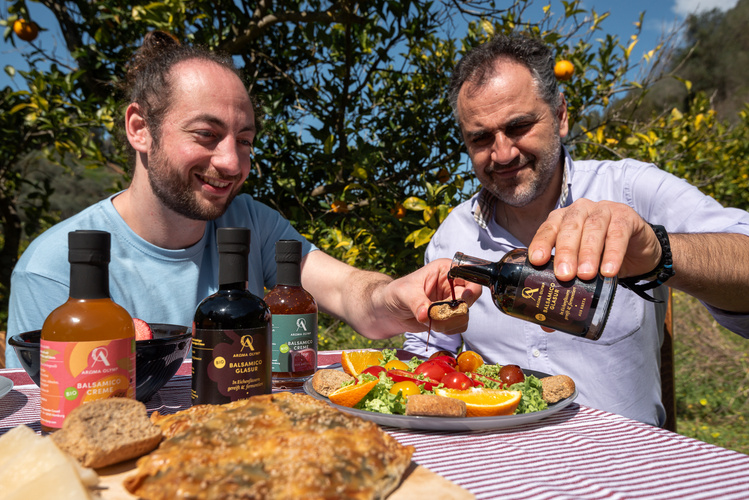 KI generiert: Zwei Männer genießen ein Picknick im Freien mit Balsamico und frischen Zutaten auf einem Tisch.