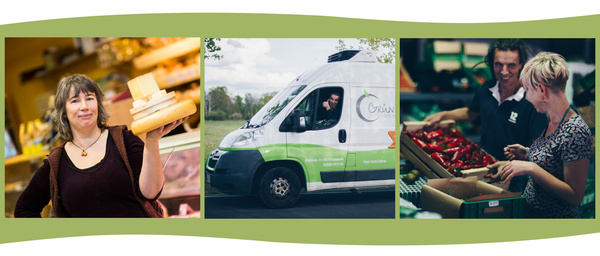 KI generiert: Eine Frau hält Käse, ein Lieferwagen und zwei Personen beim Sortieren von Gemüse.