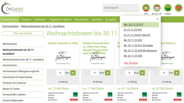 Screenshot Onlineshop, Beispiel Terminauswahl
