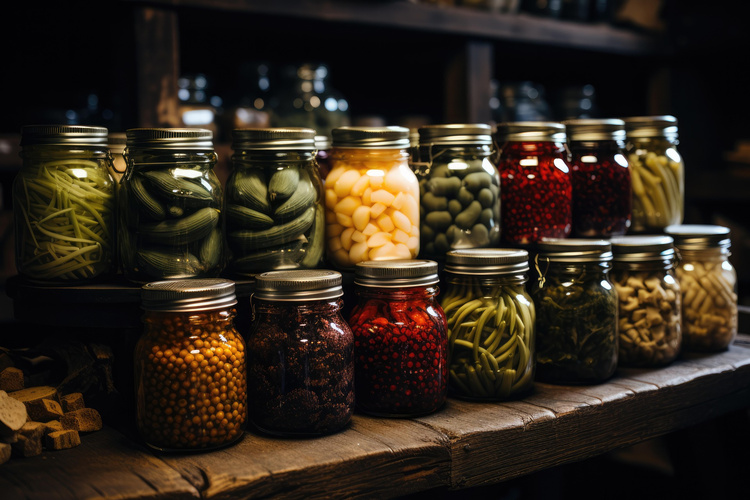 KI generiert: Verschiedene Einweckgläser mit eingelegtem Gemüse und Früchten auf einem Holztisch in einem Vorratsraum.