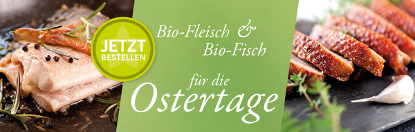 KI generiert: Bio-Fleisch und Fisch mit Bestelloption für Ostern. Text: "Bio-Fleisch & Bio-Fisch für die Ostertage. JETZT BESTELLEN."