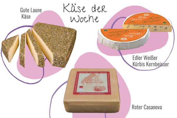 KI generiert: Drei Sorten Käse: Gute Laune Käse, Edler Weißer Kürbis Kernbeißer, Roter Casanova. Text: "Käse der Woche".