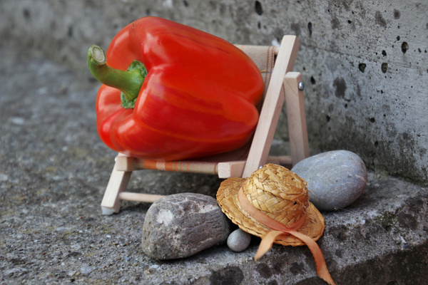 KI generiert: Eine rote Paprika liegt auf einem Miniatur-Liegestuhl, umgeben von Steinen und einem Strohhut.
