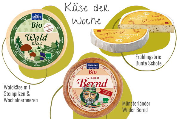 Drei Käsesorten in einem Bild - Waldkäse, Frühlingsbrie und Wilder Bernd