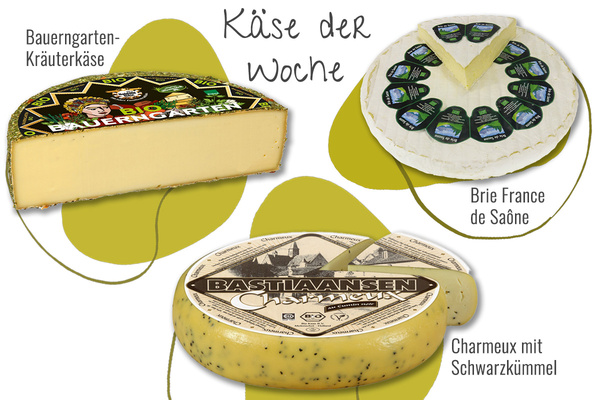 KI generiert: Käse der Woche: Bauerngarten-Kräuterkäse, Brie France de Saône, Charmeux mit Schwarzkümmel.