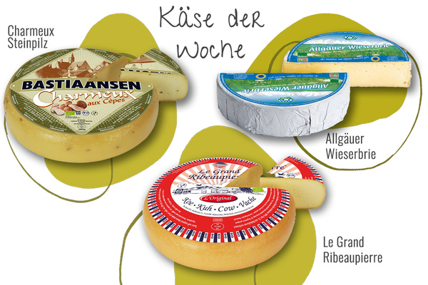 KI generiert: Verschiedene Käsesorten: "Charmeux Steinpilz", "Allgäuer Wieserbrie", "Le Grand Ribeaupierre". Text: "Käse der Woche".