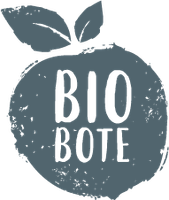 KI generiert: Logo mit dem Text "BIO BOTE" in einer stilisierten Fruchtform mit Blättern.