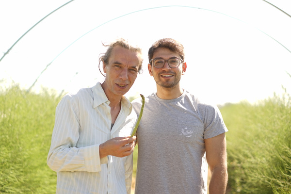KI generiert: Zwei Männer lächeln in einer grünen Landschaft; einer hält einen Spargel.