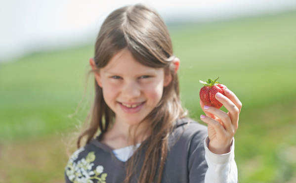 KI generiert: Mädchen hält lächelnd eine Erdbeere in der Hand auf einem Feld.