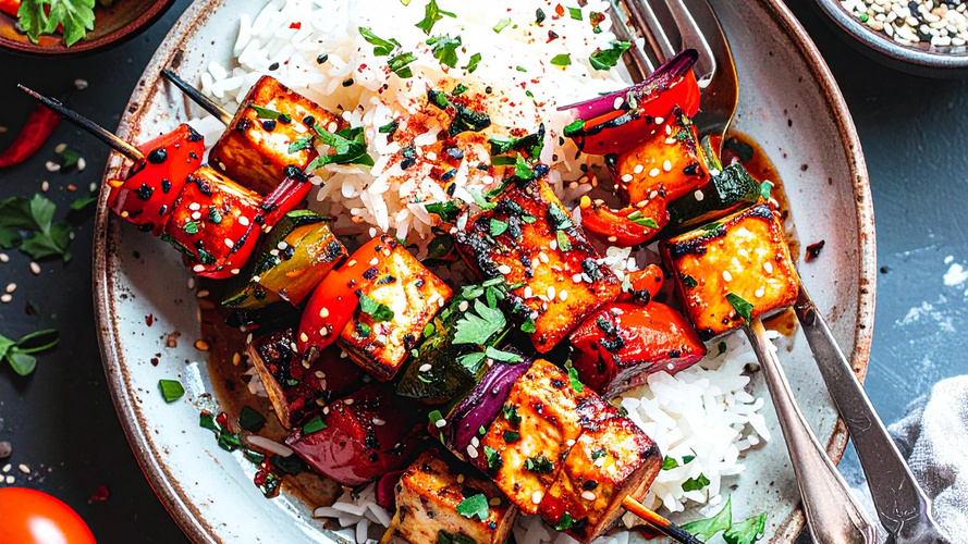 Rezeptbild für Tofu-Gemüsespieße mit Reis