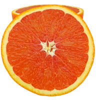 Das Bild zeigt eine halbierte Grapefruit mit saftigem, leuchtend rotem Fruchtfleisch und einem dünnen gelben Rand. Die Struktur der Fruchtsegmente ist deutlich zu erkennen.