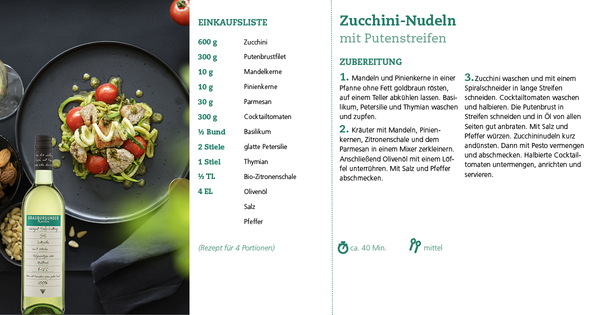Rezept Zucchini-Nudeln mit Putenstreifen, passend zum Wein des Monats Grauburgunder