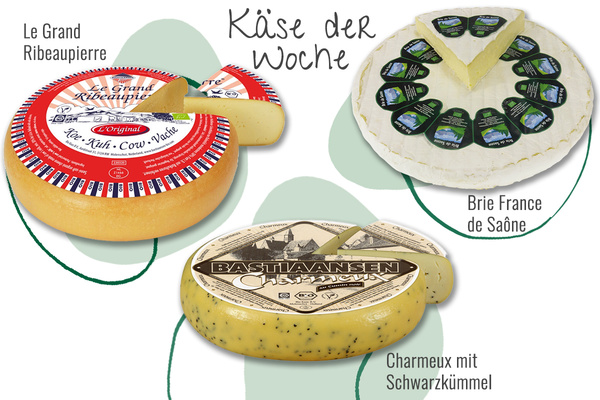 KI generiert: Drei verschiedene Käsesorten mit den Bezeichnungen: Le Grand Ribeaupiere, Brie France de Saône, Charmeux mit Schwarzkümmel. Text: "Käse der Woche".