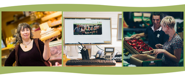 KI generiert: Links Frau mit Käse, Mitte Computerbildschirm, rechts zwei Personen mit Paprika.