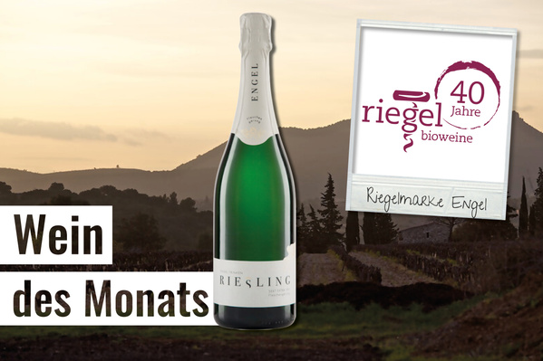 KI generiert: Flasche Riesling vor Landschaft, Text: "Wein des Monats", "riegel 40 Jahre bioweine", "Riegelmarke Engel".