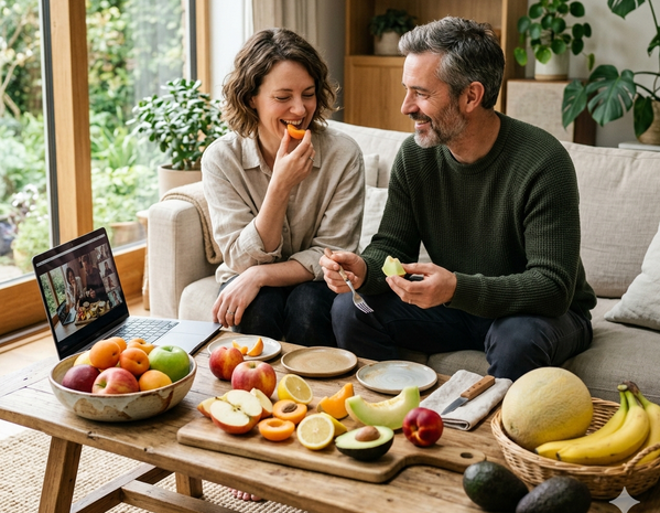 Ein Paar genießt frisches Obst auf dem Couchtisch, während ein Laptop im Hintergrund läuft.