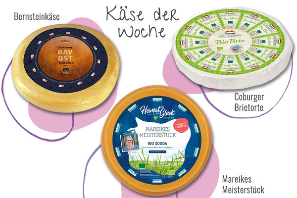 KI generiert: Das Bild zeigt drei verschiedene Käsesorten, die als "Käse der Woche" präsentiert werden: Bernstein Käse, Coburger Brietorte und Mareikes Meisterstück. Jede Käsesorte ist hervorgehoben und mit ihrem Namen gekennzeichnet.