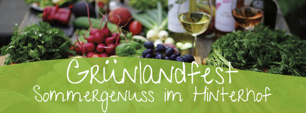 KI generiert: Frisches Gemüse, Wein und Kräuter dekoriert. Text: "Grünlandfest Sommergenuss im Hinterhof".