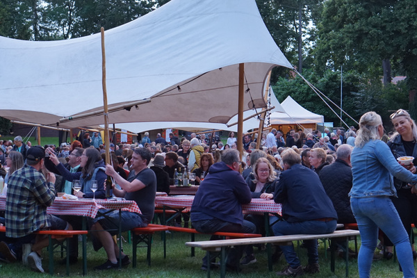 Blick in Menschenmenge auf Bierbänken auf dem Weinfest