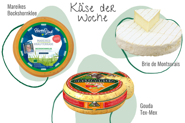 KI generiert: Drei Käsesorten: Mareikes Bockshornklee, Brie de Montsurras, Gouda Tex-Mex. Text: "Käse der Woche".