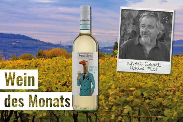 KI generiert: Eine Weißweinflasche vor Weinbergen, daneben Foto eines Winzers. Text: "Wein des Monats", "Winzer: Azienda Agricola Fasoli".