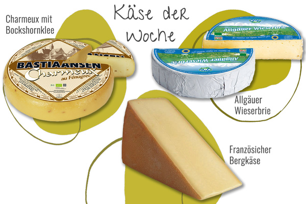 KI generiert: Drei Käsesorten: Charmeux mit Bockshornklee, Allgäuer Wieserbrie, Französischer Bergkäse. Text: "Käse der Woche".