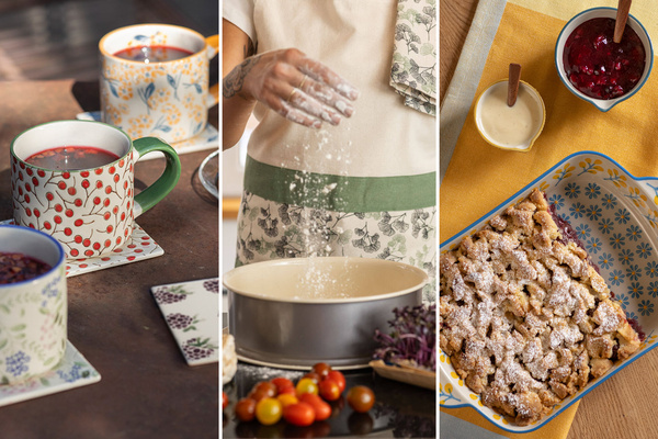 KI generiert: Tassen mit heißen Getränken, Backvorbereitung mit Mehl, und ein fertiger Streuselkuchen mit Beilagen.
