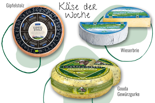 KI generiert: Bild von verschiedenen Käsesorten mit dem Text "Käse der Woche".