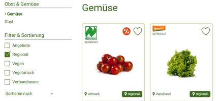 KI generiert: Gemüseauswahl mit Tomaten und Salat, regional, Bio-Siegel Naturland und Demeter, Filteroptionen links.