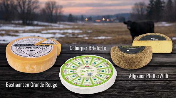 KI generiert: Verschiedene Käsesorten auf einem Tisch, im Hintergrund eine winterliche Landschaft. Texte: "Bastiaansen Grande Rouge", "Coburger Brietorte", "Allgäuer PfefferWilli".