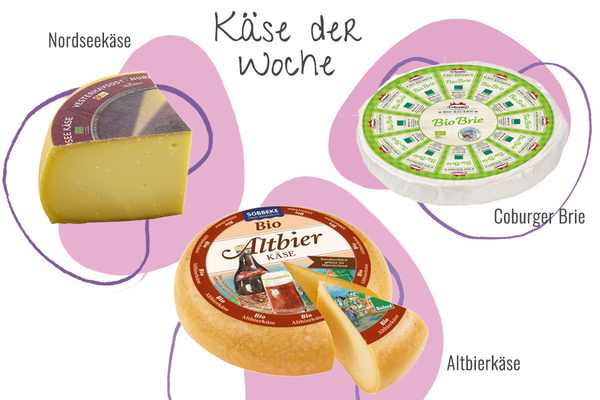 KI generiert: Drei Käsesorten: Nordseekäse, Altbierkäse, Coburger Brie. Text: "Käse der Woche".