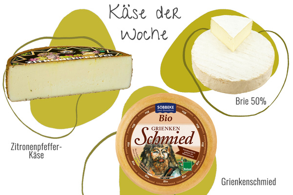 KI generiert: Drei Käsesorten: Nordseekäse, Altbierkäse, Coburger Brie. Text: "Käse der Woche".