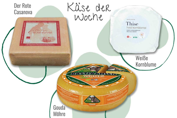 KI generiert: Drei Käsesorten: Der Rote Casanova, Weiße Kornblume und Gouda Möhre als "Käse der Woche".