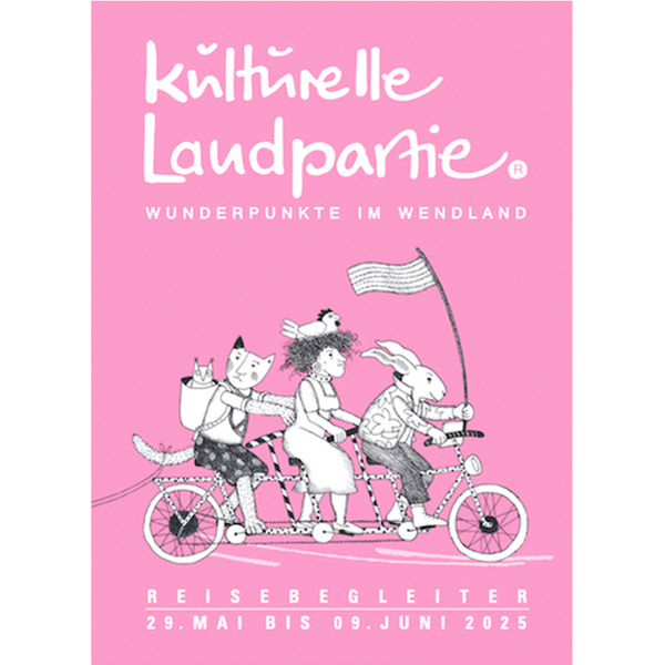 KI generiert: Drei Figuren auf einem Tandem, Text: "Kulturelle Landpartie. Wunderpunkte im Wendland. 29. Mai bis 09. Juni 2025".