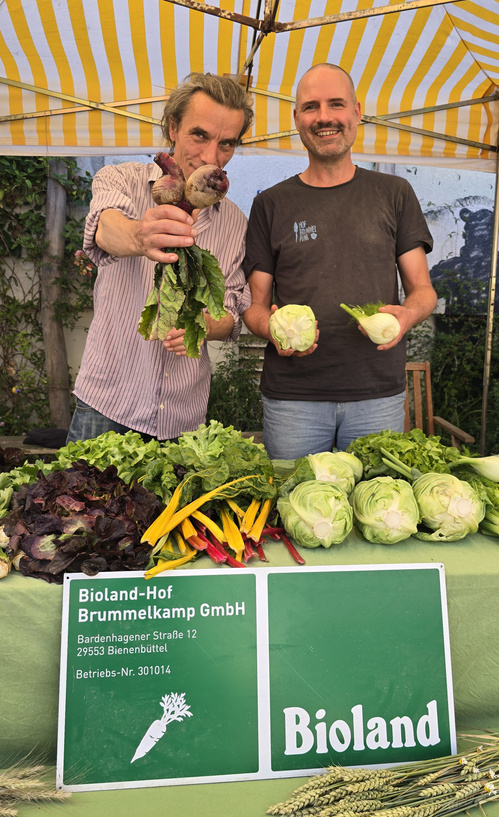 KI generiert: Zwei Männer präsentieren Gemüse an einem Marktstand. Text: "Bioland-Hof Brummelkamp GmbH, Bardowick."